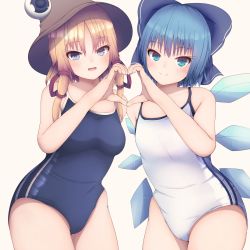 Rule 34 | 2girls, bad id, bad pixiv id, beige background, blonde hair, blue bow, blue eyes, blue hair, blue one-piece swimsuit, bow, breasts, brown headwear, cirno, commentary request, darumoon, flat chest, hair bow, hair ribbon, hat, heart, heart hands, heart hands duo, highres, ice, ice wings, looking at viewer, medium breasts, moriya suwako, multiple girls, one-piece swimsuit, red ribbon, ribbon, school swimsuit, short hair, simple background, swimsuit, touhou, white one-piece swimsuit, wings