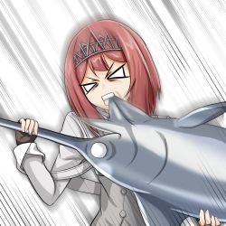 Rule 34 | 1girl, ark royal (kancolle), biting, brown gloves, commentary request, eating, fingerless gloves, fish, gloves, highres, kantai collection, red hair, short hair, simple background, solo, swordfish, tiara, tk8d32, white background
