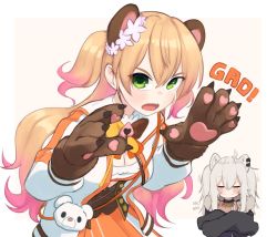 Rule 34 | 2girls, animal ears, animal hands, bear ears, blonde hair, blush, border, bow, bowtie, breasts, claw pose, cleavage, cleavage cutout, closed eyes, clothing cutout, commentary, corset, crossed arms, english commentary, facing viewer, fang, flower, frilled shirt, frills, gao, gloves, gradient hair, green eyes, grey hair, hair between eyes, hair flower, hair ornament, hands up, hololive, jacket, lion ears, long hair, long sleeves, looking at viewer, medium breasts, momosuzu nene, motion lines, multicolored hair, multiple girls, neck bell, nodding, open clothes, open jacket, open mouth, orange skirt, paw gloves, shirt, shishiro botan, shishiro botan (1st costume), skirt, smile, solo focus, two side up, virtual youtuber, white border, white jacket, yoako