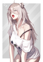 absurdres ahoge animal_ear_fluff animal_ear_piercing animal_ears black_bra blush border bottomless bra bra_strap breasts cleavage collarbone commentary_request fang grey_background grey_hair hair_between_eyes half-closed_eye highres hololive large_breasts leaning_forward lion_ears lion_girl long_hair looking_at_viewer loose_clothes loose_shirt messy_hair off_shoulder official_alternate_costume one_eye_closed open_mouth qdx4p shirt shishiro_botan shishiro_botan_(casual) short_sleeves sidelocks simple_background single_bare_shoulder sleepy solo squeans strap_slip t-shirt teeth tongue underwear upper_teeth_only virtual_youtuber waking_up white_border white_shirt yawning