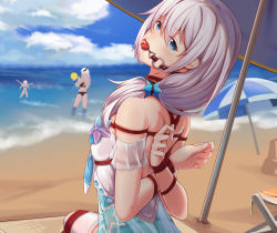 Rule 34 | 3girls, alternate costume, arms behind back, arms up, ball, ball gag, bare shoulders, bdsm, beach, beach umbrella, blue eyes, blue sky, blurry, blurry background, blush, bondage, bound, breasts, cecilia schariac, cloud, commentary request, day, from side, gag, gagged, hair between eyes, hair over shoulder, heart, heart-shaped pupils, holding, holding ball, honkai (series), honkai impact 3rd, kiana kaslana, long hair, looking at viewer, looking back, low ponytail, multiple girls, ocean, outdoors, restrained, saliva, sand, shibari, shibari over clothes, shoulder blades, sidelocks, silver hair, skindentation, sky, small breasts, solo focus, swimsuit, symbol-shaped pupils, theresa apocalypse, thighhighs, umbrella, wading, water, white legwear, wiffle gag, yiduan zhu