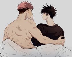 Rule 34 | 2boys, absurdres, back, back focus, bed, bed sheet, black hair, black shirt, brown eyes, covering own mouth, from behind, fushiguro megumi, green eyes, hand on another&#039;s mouth, highres, itadori yuuji, jujutsu kaisen, looking at another, male focus, multicolored hair, multiple boys, muscular, muscular male, pink hair, shirt, short hair, sitting, somwang 07, spiked hair, topless male, two-tone hair, undercut, yaoi