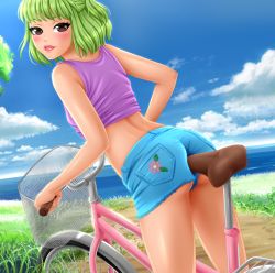 Rule 34 | anal, anal object insertion, ass, bicycle, brown eyes, fap ceo, green hair, object insertion, olivia (fap ceo), river, shirt, shorts, t-shirt