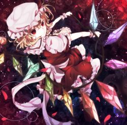 Rule 34 | 1girl, ascot, blonde hair, crystal, demon wings, flandre scarlet, flower, from behind, gensou aporo, hat, hat ribbon, holding, holding weapon, laevatein, leaning back, looking back, petals, puffy short sleeves, puffy sleeves, red eyes, red footwear, red ribbon, ribbon, rose, rose petals, shoes, short sleeves, side ponytail, smile, socks, solo, touhou, vampire, weapon, white socks, wings, wrist cuffs