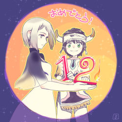 Rule 34 | 1boy, 1girl, anniversary, bandages, black hair, breasts, closed mouth, commentary request, dress, horns, ico, ico (character), looking at viewer, short hair, silver hair, tabard, white dress, yorda