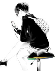 Rule 34 | 1girl, backpack, bag, cable, cellphone, chair, crossed legs, from side, glasses, greyscale, highres, monochrome, original, phone, shoes, short hair, shorts, simple background, sitting, smartphone, socks, solo, sousou (sousouworks), spot color, swivel chair, white background