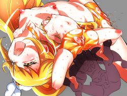 Rule 34 | 10s, 1girl, bike shorts, blonde hair, blush, breasts, clitoris, cure peace, closed eyes, guro, kise yayoi, long hair, navel, niko (tama), nipples, no panties, open mouth, pain, pokonyan, precure, pussy, saliva, screaming, small breasts, smile precure!, spread legs, submission, tears, teeth, thighs, tongue, uncensored, yellow eyes