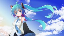 Rule 34 | 1girl, ahoge, bare shoulders, black skirt, black sleeves, blue eyes, blue hair, blue necktie, blue sky, breasts, closed mouth, cloud, commentary request, day, detached sleeves, floating hair, hair ornament, hatsune miku, highres, long hair, long sleeves, mamagogo (gomaep), medium breasts, multicolored hair, necktie, outdoors, purple hair, shirt, skirt, sky, sleeveless, sleeveless shirt, smile, solo, tie clip, two-tone hair, very long hair, vocaloid, white shirt