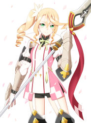 Rule 34 | 10s, 1girl, alisha diphda, armor, blonde hair, boots, drill hair, gloves, green eyes, highres, long hair, petals, polearm, princess, shorts, side ponytail, smile, solo, spear, tales of (series), tales of zestiria, utakata masara, weapon, white background
