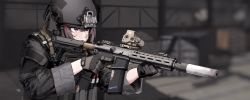 Rule 34 | 1girl, alma01, ammunition pouch, assault rifle, blurry, blurry background, brown hair, camouflage, commentary, gloves, gun, helmet, highres, holding, holding gun, holding weapon, jacket, military, military jacket, original, pink eyes, pouch, rifle, solo, suppressor, trigger discipline, upper body, urban camouflage, weapon, weapon request