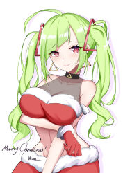 1girl absurdres ahoge alternate_hair_color arm_under_breasts artist_name bare_shoulders black_choker blush breasts chinese_commentary choker closed_mouth commentary covered_collarbone delutaya fur_skirt green_hair hair_ornament highres huge_breasts indie_virtual_youtuber linea_alba long_hair looking_at_viewer merry_christmas miuna_(498475051) navel pink_eyes pink_lips red_skirt simple_background skirt smile solo stomach triangle_hair_ornament twintails virtual_youtuber white_background