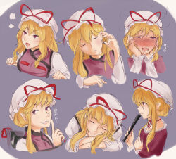 Rule 34 | 1girl, blonde hair, blush, breast rest, breasts, choker, closed eyes, dress, drooling, expressionless, expressions, facial expressions, finger to mouth, folded fan, folding fan, full-face blush, gap (touhou), hair up, hand fan, hand in own hair, hands on own cheeks, hands on own face, hat, hat ribbon, head rest, head tilt, long hair, looking at viewer, mob cap, multiple views, okomedaisuki5, open mouth, profile, purple background, purple dress, purple eyes, ribbon, ribbon choker, simple background, sketch, sleeping, smile, steam, tabard, teeth, tongue, touhou, translation request, upper body, yakumo yukari