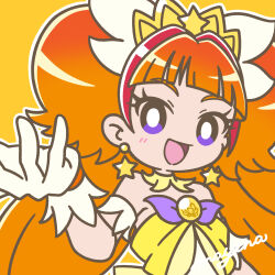 Rule 34 | 1girl, amanogawa kirara, bare shoulders, bright pupils, brown hair, choker, cure twinkle, earrings, eyelashes, gloves, go! princess precure, highres, jewelry, long hair, looking at viewer, magical girl, mayena, multicolored hair, open mouth, orange background, outstretched hand, precure, purple eyes, red hair, signature, simple background, smile, solo, star (symbol), star earrings, streaked hair, tiara, twintails, two-tone hair, upper body, very long hair, white gloves, white pupils