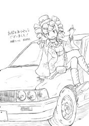 Rule 34 | 1girl, akagashi hagane, car, coat, comic, dress, drill hair, earrings, eyewear on head, greyscale, hat, highres, jewelry, medium hair, monochrome, motor vehicle, necklace, on vehicle, page number, ring, sunglasses, top hat, touhou, translation request, twin drills, twintails, vehicle focus, yorigami jo&#039;on