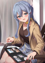 Rule 34 | 1girl, absurdres, bad id, bad pixiv id, blue eyes, blue hair, blue skirt, blush, breasts, brown coat, coat, collarbone, unworn eyewear, glasses, gotland (kancolle), hair between eyes, highres, holding, holding removed eyewear, kantai collection, kokenashi, long sleeves, looking at viewer, medium breasts, medium hair, mole, mole under eye, open clothes, open coat, open mouth, photo (object), sitting, skirt, smile, solo