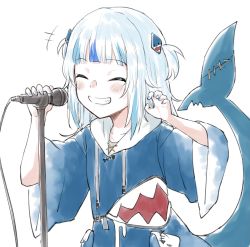 Rule 34 | 1girl, animal costume, animal hood, blue hair, blue hoodie, blue nails, blunt bangs, blush, closed eyes, commentary request, fins, fish tail, gawr gura, gawr gura (1st costume), grin, hair ornament, highres, hololive, hololive english, hood, hoodie, microphone, multicolored hair, nail polish, shark costume, shark girl, shark hair ornament, shark tail, shinoe nun, silver hair, smile, solo, streaked hair, tail, teeth, two side up, virtual youtuber, white background, wide sleeves