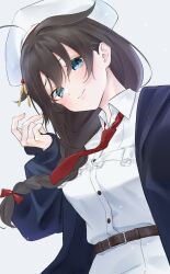 Rule 34 | 1girl, ahoge, aoyashio rin, belt, beret, black hair, black jacket, blue eyes, braid, brown belt, commentary request, dress, hair flaps, hair over shoulder, hat, highres, jacket, kantai collection, leaning forward, long hair, looking at viewer, necktie, official alternate costume, red necktie, shigure (kancolle), shigure kai san (kancolle), simple background, single braid, solo, upper body, white background, white dress, white hat