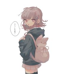 Rule 34 | 1girl, :o, animal bag, backpack, bag, black jacket, blunt bangs, brown hair, cat bag, commentary request, danganronpa (series), danganronpa 2: goodbye despair, flipped hair, from side, hair ornament, hairclip, highres, hood, hood down, hooded jacket, jacket, looking at viewer, looking to the side, medium hair, messy hair, nanami chiaki, pink bag, pink eyes, pink ribbon, pleated skirt, ribbon, simple background, skirt, solo, speech bubble, tami tome mo, thighhighs, translation request, white background, zettai ryouiki