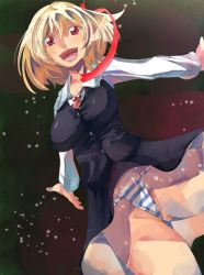 Rule 34 | 1girl, alternate breast size, blonde hair, breasts, dress shirt, female focus, fundoshi, hair ribbon, japanese clothes, large breasts, necktie, open mouth, outstretched arms, panties, pantyshot, red eyes, ribbon, rumia, shirt, skirt, skirt set, smile, solo, striped clothes, striped panties, touhou, underwear, upskirt, yohane