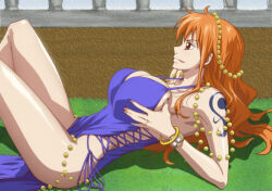Rule 34 | 1girl, alternate costume, arm support, arm tattoo, armpits, bare legs, bead necklace, beads, bracelet, breast hold, breasts, dress, from side, grabbing own breast, image sample, jewelry, kyabakurabakufu, large breasts, legs together, licking lips, log pose, long hair, lying, matching hair/eyes, nami (one piece), nami (one piece) (post-timeskip), nami (one piece) (zou), necklace, no panties, non-web source, official alternate costume, on grass, on ground, one piece, orange eyes, orange hair, pelvic curtain, profile, purple dress, revealing clothes, short dress, side-tie dress, skindentation, solo, tattoo, tongue, tongue out, v-shaped eyebrows, very long hair, wide hips