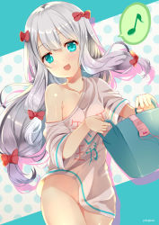 Rule 34 | 10s, 1girl, :d, absurdres, aqua eyes, bottomless, bow, breasts, collarbone, convenient censoring, cowboy shot, eromanga sensei, floating hair, grey shirt, groin, hair bow, head tilt, highres, holding, izumi sagiri, long hair, looking at viewer, medium breasts, musical note, naked shirt, off shoulder, open mouth, red bow, shirt, silver hair, smile, solo, standing, very long hair, xephonia