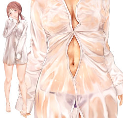 Rule 34 | 1girl, bare legs, barefoot, breasts, brown hair, buttons, closed mouth, commentary request, covered erect nipples, hand to own mouth, head tilt, idolmaster, idolmaster cinderella girls, irohakaede, long sleeves, looking at viewer, medium breasts, mifune miyu, multiple views, nail polish, navel, no bra, panties, pink nails, ponytail, purple panties, see-through, shirt, side-tie panties, sleeves past wrists, standing, unbuttoned, underwear, wet, wet clothes, wet shirt, white shirt