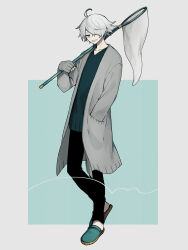 Rule 34 | 1boy, ahoge, black pants, butterfly net, coat, full body, green background, grey background, grey hair, grin, hair over one eye, halftone, halftone background, hand in pocket, hand net, highres, holding, long sleeves, looking at viewer, maco22, male focus, open clothes, original, pants, shirt, short hair, sleeves past wrists, slippers, smile, solo, standing, two-tone background, white hair