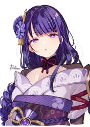 Rule 34 | 1girl, absurdres, blue flower, braid, breasts, cleavage, closed mouth, flower, genshin impact, hair flower, hair ornament, highres, japanese clothes, kimono, long hair, looking at viewer, obi, off shoulder, purple eyes, purple hair, purple kimono, raiden shogun, sash, signature, simple background, single braid, sofra, solo, twitter username, upper body, wavy mouth, white background