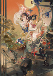 Rule 34 | 1boy, 1girl, bird, black hair, brown eyes, closed eyes, closed mouth, collarbone, earrings, eyeshadow, feathers, floating hair, flower, hair ornament, hand on own cheek, hand on own chest, hand on own face, highres, japanese clothes, jewelry, kimono, long hair, long sleeves, looking at another, makeup, onmyoji, original, outstretched arm, pale skin, patterned clothing, petals, pink flower, red flower, sainker, scroll, short hair, sitting, sleeping, smile, through medium, through screen, traditional clothes, tree, white flower