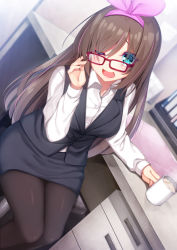 Rule 34 | 1girl, adjusting eyewear, alternate costume, bespectacled, black pantyhose, black skirt, black vest, blue eyes, blurry, blurry background, breasts, brown hair, buttons, chair, chikuwabuta, coffee, coffee mug, collared shirt, colored eyelashes, commentary request, cup, depth of field, desk, dress shirt, dutch angle, feet out of frame, file cabinet, glasses, hairband, highres, kizuna ai, kizuna ai inc., long hair, long sleeves, looking at viewer, medium breasts, mug, multicolored hair, office lady, on chair, one eye closed, open mouth, pantyhose, pencil skirt, pink hair, pink hairband, red-framed eyewear, shirt, sitting, skirt, slit pupils, smile, solo, steam, streaked hair, swept bangs, very long hair, vest, virtual youtuber, white shirt, wing collar
