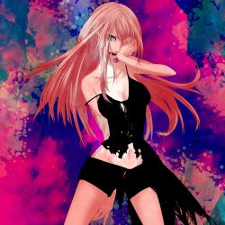 Rule 34 | 1girl, angry, bare shoulders, blue eyes, highres, long hair, looking at viewer, megurine luka, naoto (sandersoniahirahira), navel, open mouth, pink hair, shorts, solo, tank top, very long hair, vocaloid