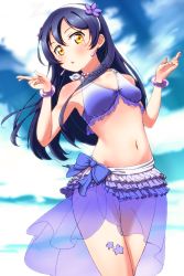 Rule 34 | 10s, 1girl, bare shoulders, bikini, blue hair, blush, breasts, brown eyes, hairband, long hair, looking at viewer, love live!, love live! school idol project, meda, natsuiro egao de 1 2 jump!, navel, parted lips, purple hair, sarong, small breasts, solo, sonoda umi, standing, swimsuit, yellow eyes