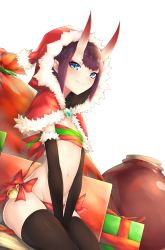 Rule 34 | 1girl, absurdres, alternate costume, bag, bell, black thighhighs, blue eyes, blush, bob cut, brooch, capelet, child, christmas, commentary, eyeliner, fate (series), flat chest, gift, highres, hood, horns, jar, jewelry, kupa (jesterwii), looking at viewer, makeup, navel, purple hair, ribbon, sarashi, shuten douji (fate), sitting, smile, solo, thighhighs