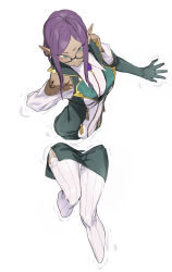 Rule 34 | 1girl, arm support, brooch, closed mouth, clothing cutout, dark-skinned female, dark skin, elbow gloves, fleurety (megido72), from above, glasses, gloves, gold trim, green-framed eyewear, green eyes, green gloves, green jacket, green skirt, half-closed eyes, highres, jacket, jewelry, knee up, lapels, liquid, long hair, long pointy ears, long sleeves, looking down, megido72, mole, mole under eye, partially submerged, pencil skirt, pointy ears, purple hair, ribbed thighhighs, ripples, semi-rimless eyewear, shirt, shoulder cutout, shoulder tattoo, side slit, sidelocks, simple background, sitting, skirt, sleeveless, sleeveless jacket, solo, soosaresu, stuck, swept bangs, tattoo, thighhighs, tsurime, v-shaped eyebrows, white background, white shirt, white thighhighs