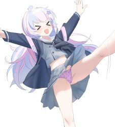Rule 34 | &gt;o&lt;, 1girl, absurdres, ahoge, bag, blue archive, clothes lift, cropped shirt, hair ornament, highres, jacket, kirachamo, leg up, long hair, long sleeves, neckerchief, open mouth, outstretched arms, panties, pink hair, reisa (blue archive), school uniform, serafuku, simple background, skirt, skirt lift, solo, spread arms, star (symbol), star hair ornament, underwear