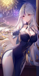 Rule 34 | 1girl, absurdres, arm support, bare shoulders, blue dress, breasts, cleavage, commentary request, cowboy shot, dress, fireworks, genshin impact, highres, holding, holding smoking pipe, kiseru, large breasts, lightria, long hair, looking at viewer, night, night sky, ningguang (genshin impact), ningguang (orchid&#039;s evening gown) (genshin impact), pelvic curtain, red eyes, sky, smile, smoking pipe, solo, standing, thighs, very long hair, white hair
