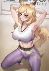 Rule 34 | 1girl, absurdres, animal ear fluff, animal ears, arknights, armpits, arms behind head, arms up, bare shoulders, blonde hair, blue eyes, breasts, bulge, commentary request, crop top, futanari, gins, highres, horse ears, indoors, large breasts, leggings, long hair, looking at viewer, midriff, navel, pants, purple pants, seiza, sitting, smile, solo, sports bra, stomach, tail, thighs, toeless legwear, translation request, very long hair, whislash (arknights)