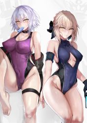 Rule 34 | 2girls, ahoge, arm garter, artoria pendragon (all), artoria pendragon (fate), bare shoulders, black jacket, black one-piece swimsuit, black ribbon, blonde hair, blue one-piece swimsuit, blush, braid, breasts, bridal garter, cameltoe, candy, cleavage, closed mouth, collar, collarbone, competition swimsuit, covered erect nipples, covered navel, fate/grand order, fate/stay night, fate (series), feet, food, french braid, gloves, hair between eyes, hair bun, hair ribbon, highres, jacket, jeanne d&#039;arc (fate), jeanne d&#039;arc alter (avenger) (fate), jeanne d&#039;arc alter (fate), knee up, large breasts, legs, leotard, lollipop, long hair, looking at viewer, medium breasts, misaka 12003-gou, mouth hold, multiple girls, one-piece swimsuit, open clothes, open jacket, popsicle, purple one-piece swimsuit, ribbon, saber alter, short hair, silver hair, single hair bun, smile, swimsuit, thighs, two-tone swimsuit, wet, white background, yellow eyes