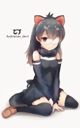 Rule 34 | 10s, 1girl, 3ma saga, apron, australian devil (kemono friends), black hair, bow, bowtie, commentary request, detached sleeves, eyepatch, fang, frown, gloves, japari symbol, kemono friends, loafers, long hair, pleated skirt, shoes, sitting, skirt, sleeveless, solo, tasmanian devil ears, text focus, thighhighs, thighs, wariza