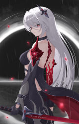 Rule 34 | 1girl, absurdres, acheron (honkai: star rail), armor, back, bare shoulders, belt, black belt, black choker, black coat, black gloves, black hole, black shorts, breasts, bright pupils, choker, closed mouth, coat, coattails, colored extremities, commentary, cowboy shot, flower, from behind, gloves, hair intakes, hair ornament, highres, holding, holding sword, holding weapon, honkai: star rail, honkai (series), katana, large breasts, long hair, looking at viewer, nanashi1329, official alternate color, red eyes, red flower, red petals, shorts, shoulder armor, shoulder blades, sideboob, sidelocks, single wide sleeve, solo, sword, thighs, weapon, white hair, white pupils