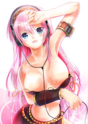 Rule 34 | 1girl, bare shoulders, blue eyes, breasts, cleavage, female focus, gradient background, headphones, large breasts, long hair, md5 mismatch, megurine luka, midriff, navel, pink hair, porurin (do-desho), resolution mismatch, simple background, solo, source larger, vocaloid, white background