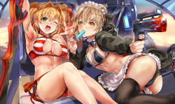 Rule 34 | 2girls, apron, armpits, artoria pendragon (alter swimsuit rider) (fate), artoria pendragon (alter swimsuit rider) (second ascension) (fate), artoria pendragon (fate), ass, bikini, bikini skirt, black bikini, black jacket, black legwear, blonde hair, breasts, cleavage, commentary request, criss-cross halter, fate (series), food, frilled apron, frilled bikini, frilled skirt, frills, green eyes, gun, halterneck, himuro shunsuke, holding, holding gun, holding weapon, jacket, large breasts, long hair, looking at viewer, maid, maid apron, maid bikini, maid headdress, medium breasts, multiple girls, nero claudius (fate), nero claudius (fate) (all), nero claudius (swimsuit caster) (fate), one eye closed, open clothes, open jacket, popsicle, short hair, skirt, striped bikini, striped clothes, swimsuit, thighhighs, twintails, unconventional maid, w, waist apron, weapon, white apron, yellow eyes