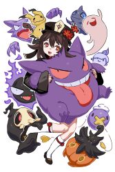 Rule 34 | 1girl, absurdres, annie lyce, brown hair, creatures (company), crossover, drifloon, duskull, flower, game freak, gastly, gen 1 pokemon, gen 3 pokemon, gen 4 pokemon, gen 5 pokemon, gen 6 pokemon, gen 7 pokemon, gengar, genshin impact, ghost, hat, hat flower, haunter, highres, hu tao (genshin impact), litwick, mimikyu, nintendo, open mouth, pokemon, pokemon (creature), pumpkaboo, red eyes, red flower, shoes, shuppet, simple background, socks, tongue, tongue out, white background, white socks