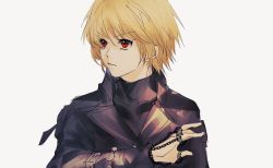 Rule 34 | 1boy, black shirt, blonde hair, blouse, chain, covered collarbone, hunter x hunter, kurapika, looking away, looking to the side, male focus, red eyes, shirt, solo, upper body, white background