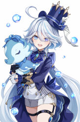 Rule 34 | 1girl, ascot, blue eyes, blue hair, blue headwear, blue jacket, blush, breasts, brooch, cowlick, fish, furina (genshin impact), genshin impact, gloves, harimoji, hat, highres, jacket, jewelry, light blue hair, long hair, long sleeves, looking at viewer, multicolored hair, open clothes, open jacket, open mouth, seahorse, shirt, short shorts, shorts, small breasts, smile, streaked hair, surintendante chevalmarin, swept bangs, thigh strap, thighs, top hat, white hair, white shirt, white shorts
