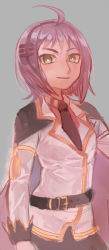Rule 34 | 1girl, ahoge, belt, black necktie, blazer, blush, breasts, brown belt, brown skirt, buubuu (loli69), chinese commentary, closed mouth, collared shirt, commentary request, genetic (ragnarok online), green eyes, grey background, jacket, light purple hair, long sleeves, looking at viewer, lowres, necktie, official alternate costume, ragnarok online, red shirt, shirt, short hair, simple background, skirt, small breasts, smile, solo, upper body, white jacket