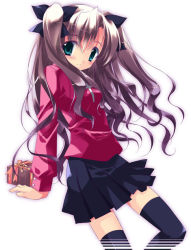 Rule 34 | 00s, 1girl, black thighhighs, brown hair, fate/stay night, fate (series), gift, green eyes, hair ribbon, holding, holding gift, long hair, long sleeves, minazuki haruka, ribbon, skirt, solo, thighhighs, tohsaka rin, turtleneck, twintails, two side up