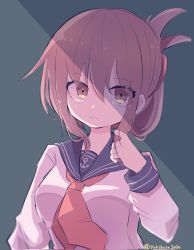 Rule 34 | 1girl, anchor symbol, black sailor collar, brown eyes, brown hair, commentary request, folded ponytail, highres, inazuma (kancolle), kantai collection, long hair, long sleeves, neckerchief, one-hour drawing challenge, red neckerchief, sailor collar, school uniform, serafuku, solo, translation request, twitter username, upper body, yukikaze2828