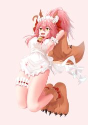 Rule 34 | 1girl, absurdres, animal ear fluff, animal ears, animal hands, apron, bell, blush, blush stickers, breasts, cat hair ornament, cat paws, collar, fangs, fate/grand order, fate (series), fox ears, fox tail, gloves, hair ornament, hair ribbon, highres, jingle bell, large breasts, long hair, looking at viewer, maid headdress, naked apron, neck bell, open mouth, paw gloves, paw shoes, pink background, pink hair, ponytail, red ribbon, ribbon, shoes, sideboob, simple background, solo, tail, tamamo (fate), tamamo cat (fate), tamamo cat (third ascension) (fate), yellow eyes, you san