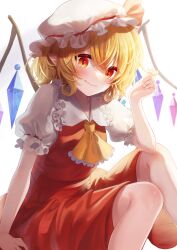 Rule 34 | 1girl, absurdres, acchun, ascot, blonde hair, blush, closed mouth, collared shirt, commentary, crystal, dress, fang, fang out, flandre scarlet, frilled ascot, frilled shirt collar, frilled sleeves, frills, hair between eyes, hand up, hat, highres, looking at viewer, mob cap, pointy ears, puffy short sleeves, puffy sleeves, red dress, red eyes, shirt, short hair, short sleeves, simple background, smile, solo, touhou, white background, white hat, white shirt, wings, yellow ascot